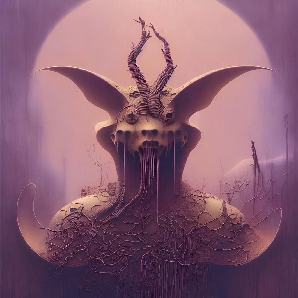 Fantasy creature with horns and tentacles in purple setting with circular frame.