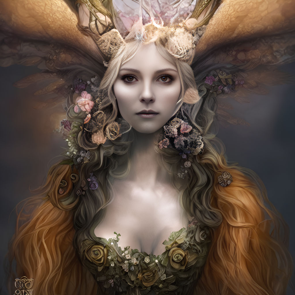 Mystical woman with antlers and floral adornments in digital portrait