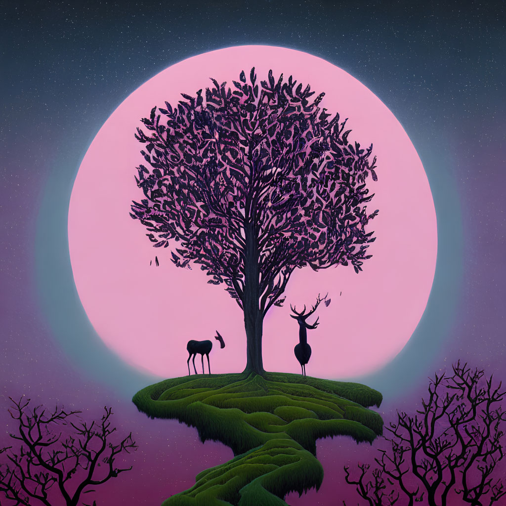 Surreal landscape with lone tree, deer, pink moon, and starry sky