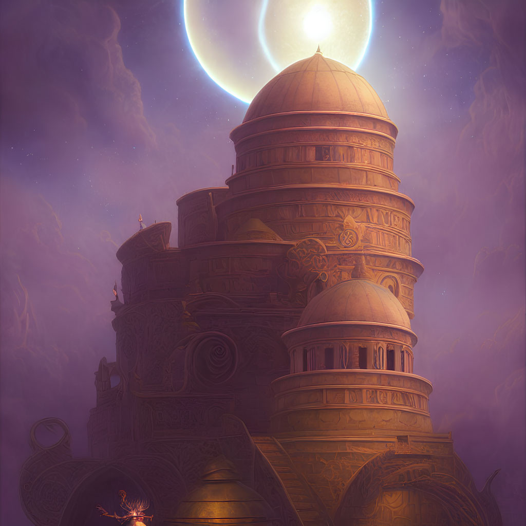 Fantasy palace with ornate domes under glowing full moon in mystical purple haze