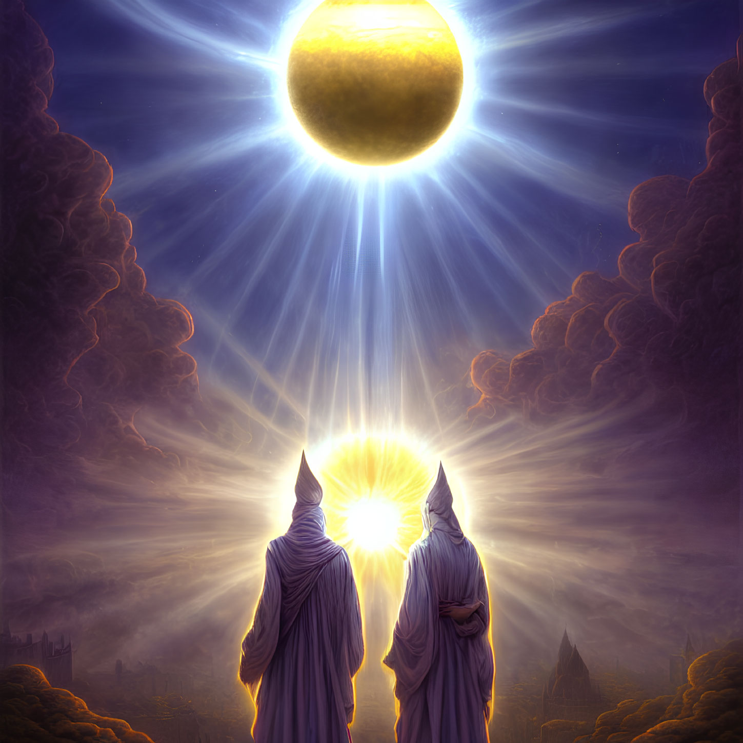 Robed Figures Gazing at Celestial Sphere in Fantasy Landscape