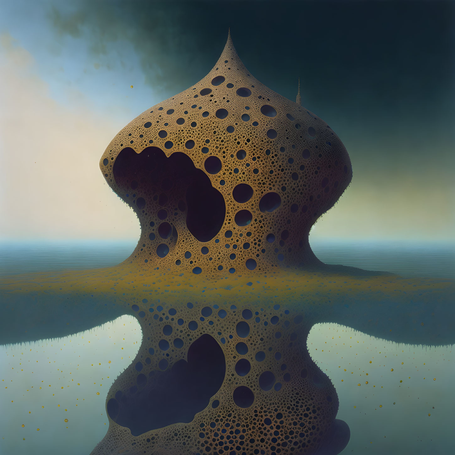 Amorphous, Perforated Structure in Surreal Landscape