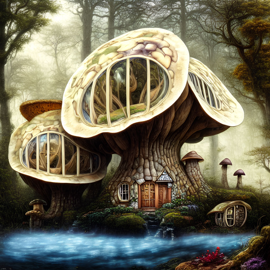 Fantasy mushroom house in mystical forest with river