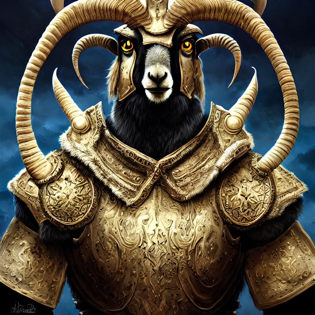 Anthropomorphic goat in golden armor under moody blue sky
