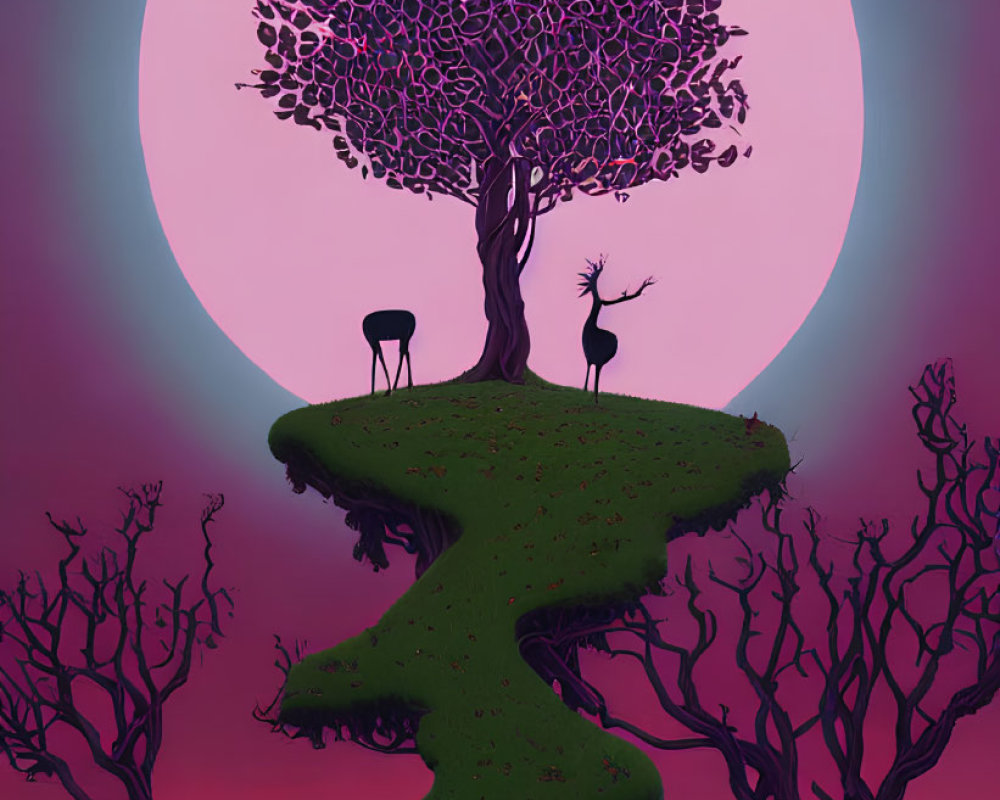 Surreal landscape with purple trees, deer, pink moon, and floating island