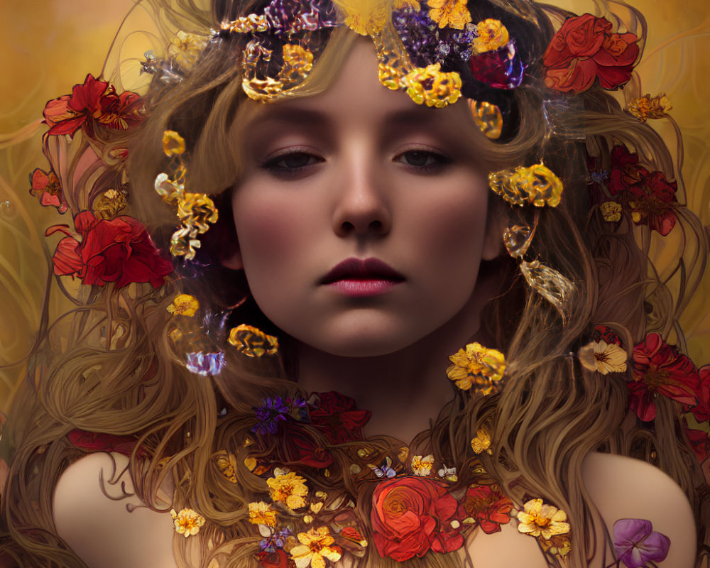 Surreal portrait of woman with golden hair and floral crown