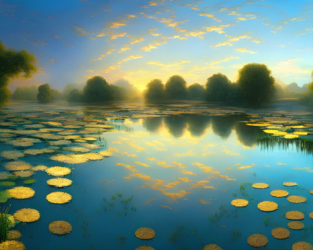 Tranquil landscape: pond, blue sky, golden clouds, lush trees, lily pads