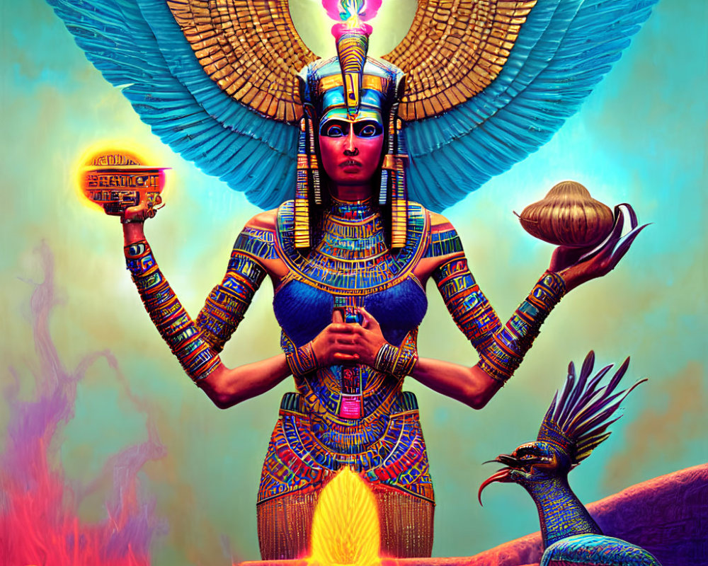 Colorful Egyptian Deity Artwork with Fiery Background and Mystical Bird