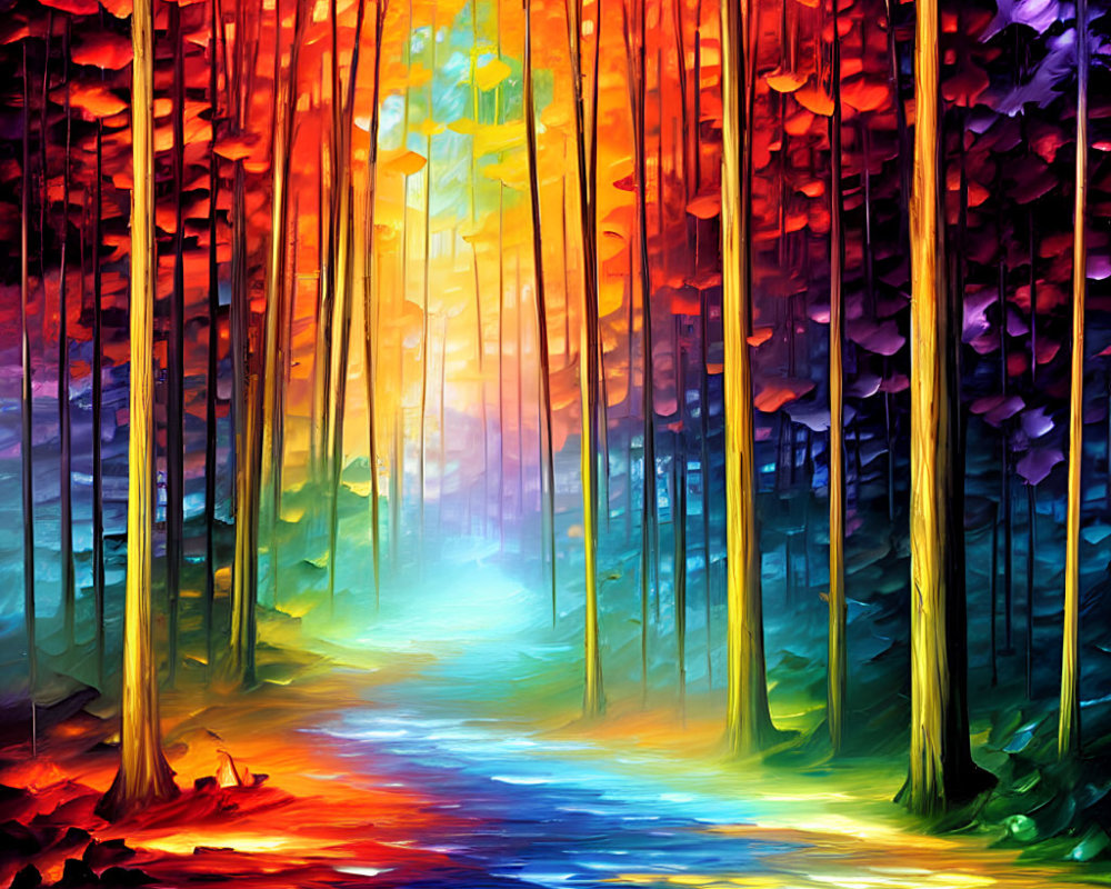 Colorful Forest Painting with Sunlit Clearing and Stylized Trees