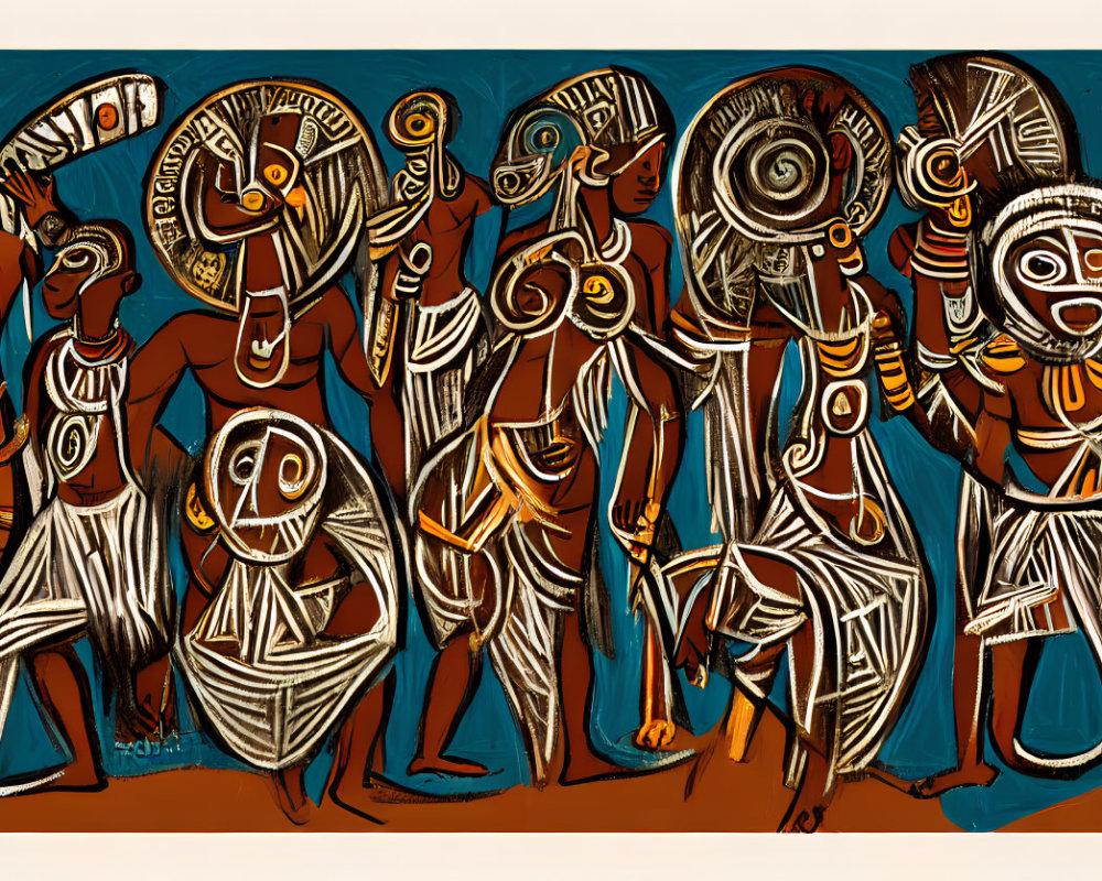 Vibrant tribal dance scene with colorful figures and masks on brown background