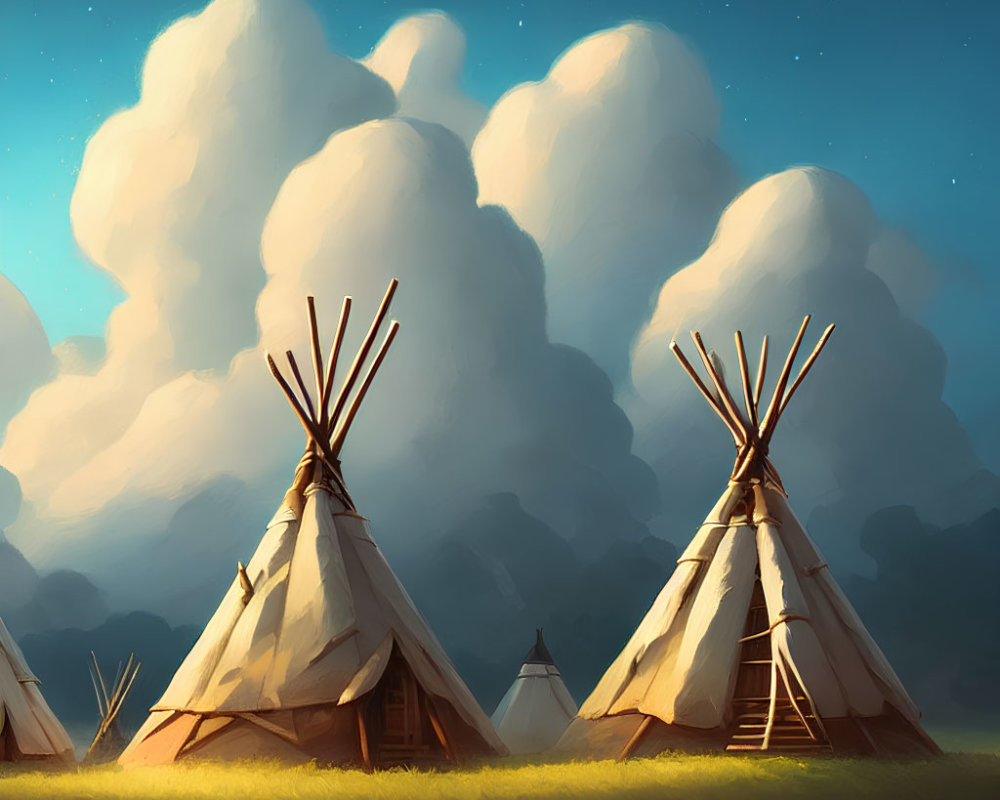 Three Teepees Standing on Grass Under Blue Sky with White Clouds