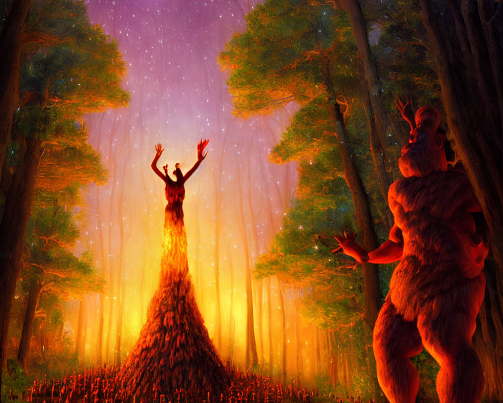 Enchanting forest scene with central figure, bonfire, tiny beings, starry sky, and