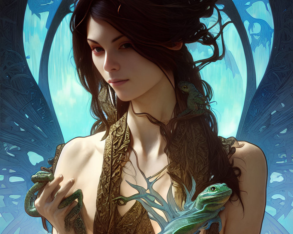 Digital artwork: Woman with dark hair and pale skin, holding green lizards, surrounded by blue patterns