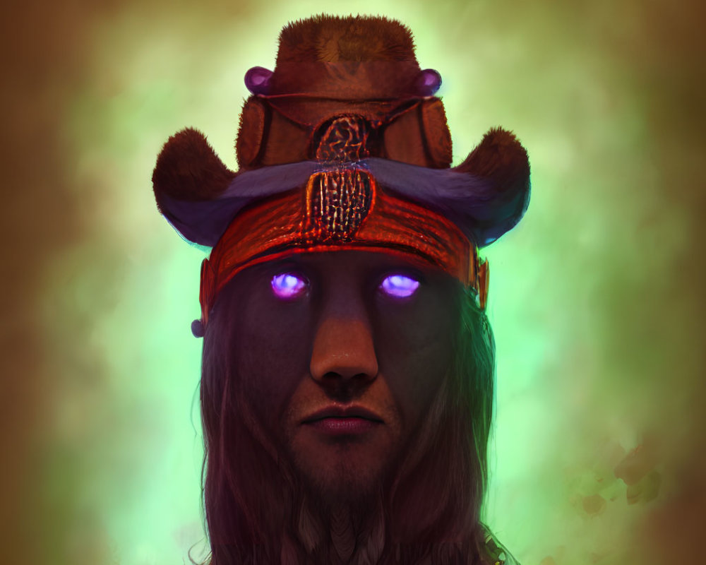 Digital painting of figure with glowing purple eyes in shamanic headdress on golden backdrop