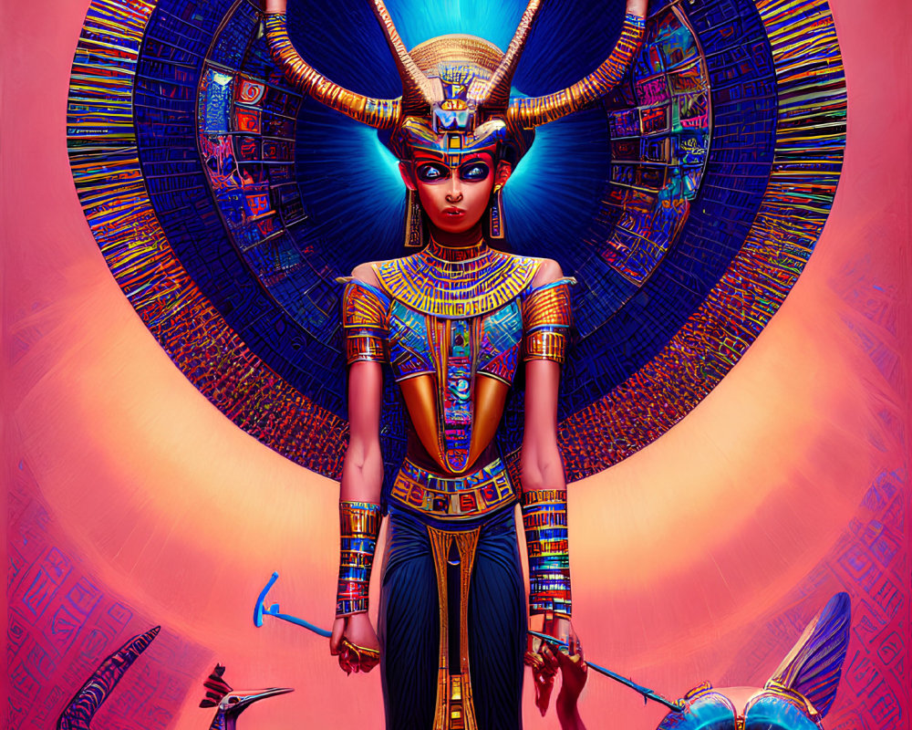 Egyptian Goddess Artwork with Elaborate Headgear and Vibrant Colors