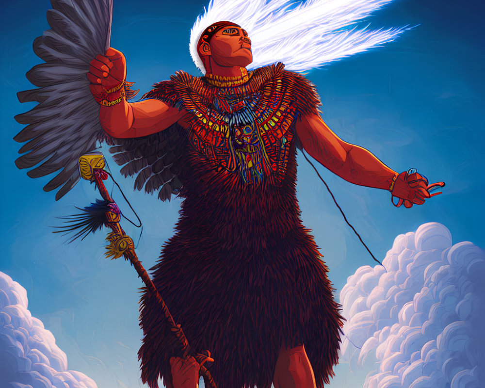 Stylized indigenous warrior with eagle wings, staff, and clouds.