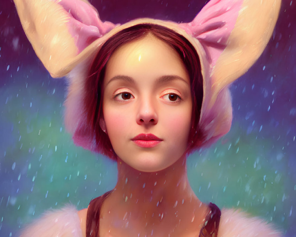 Person with Large Pink Bunny Ears in Colorful Portrait