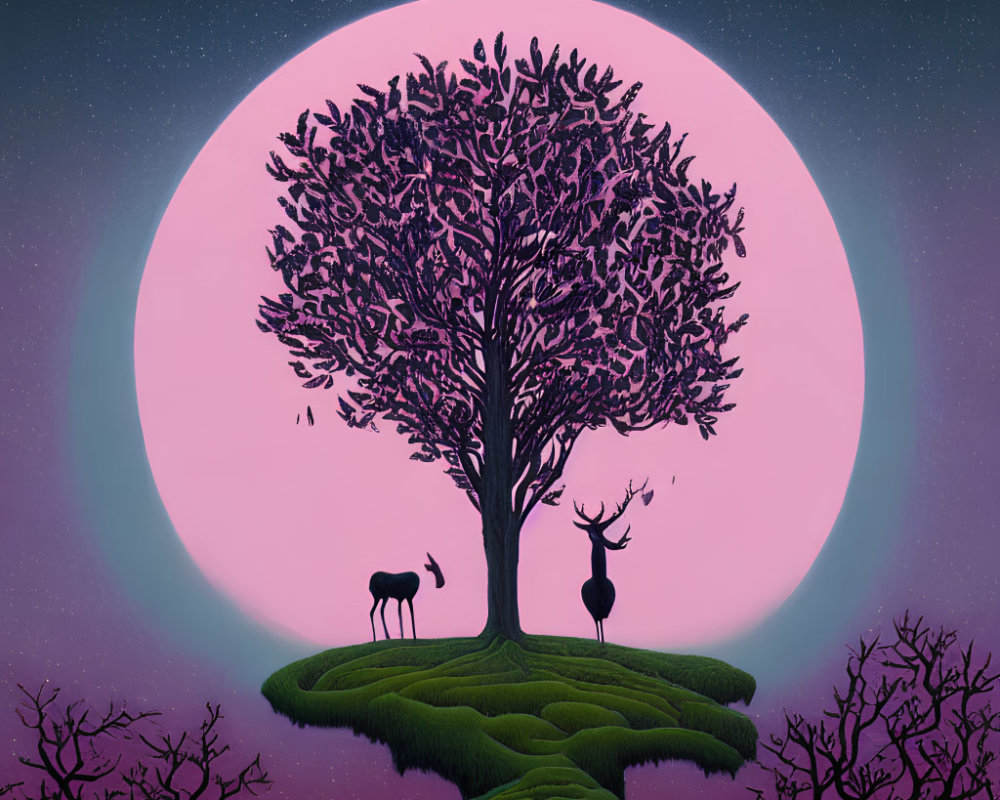 Surreal landscape with lone tree, deer, pink moon, and starry sky