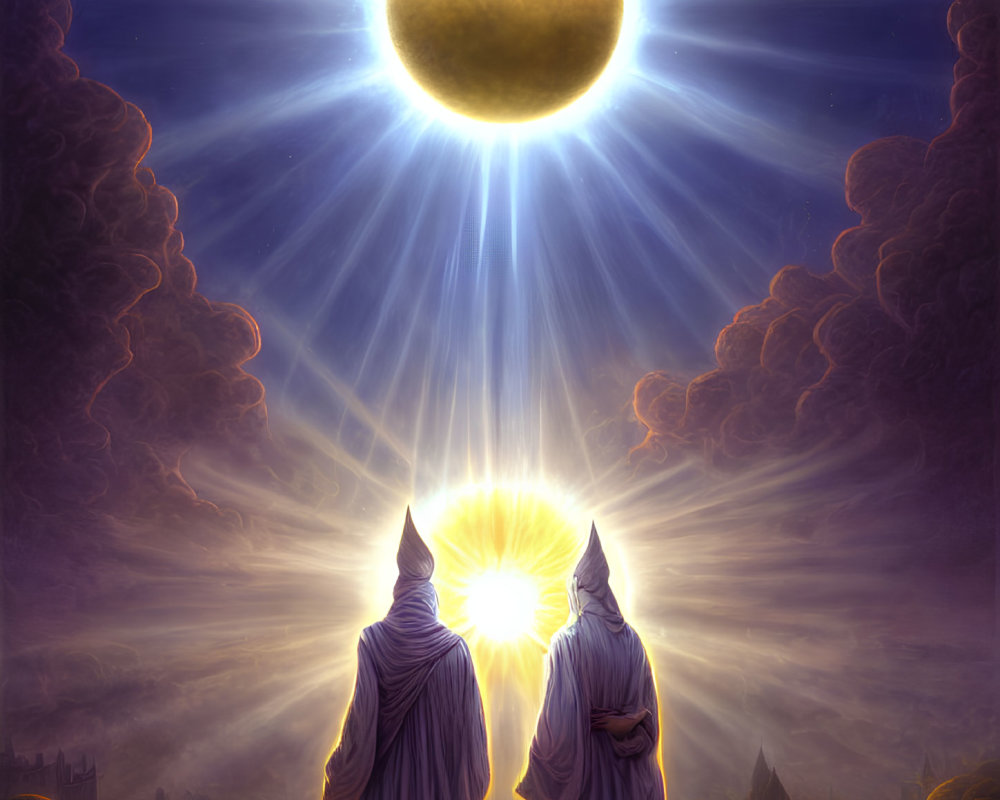 Robed Figures Gazing at Celestial Sphere in Fantasy Landscape