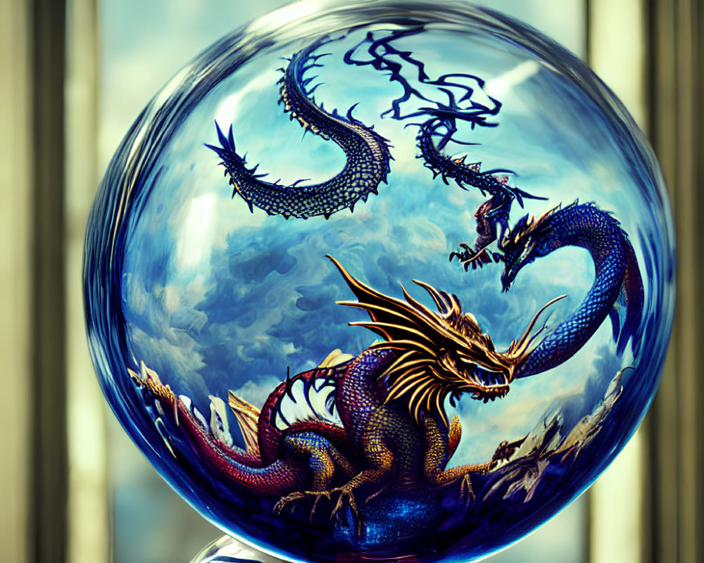 Majestic golden and blue dragon in transparent sphere on cloudy sky backdrop