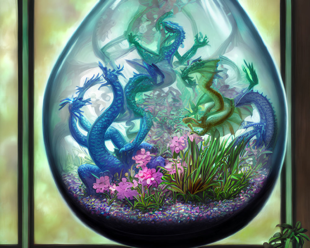 Detailed terrarium with blue and green dragons in teardrop glass container