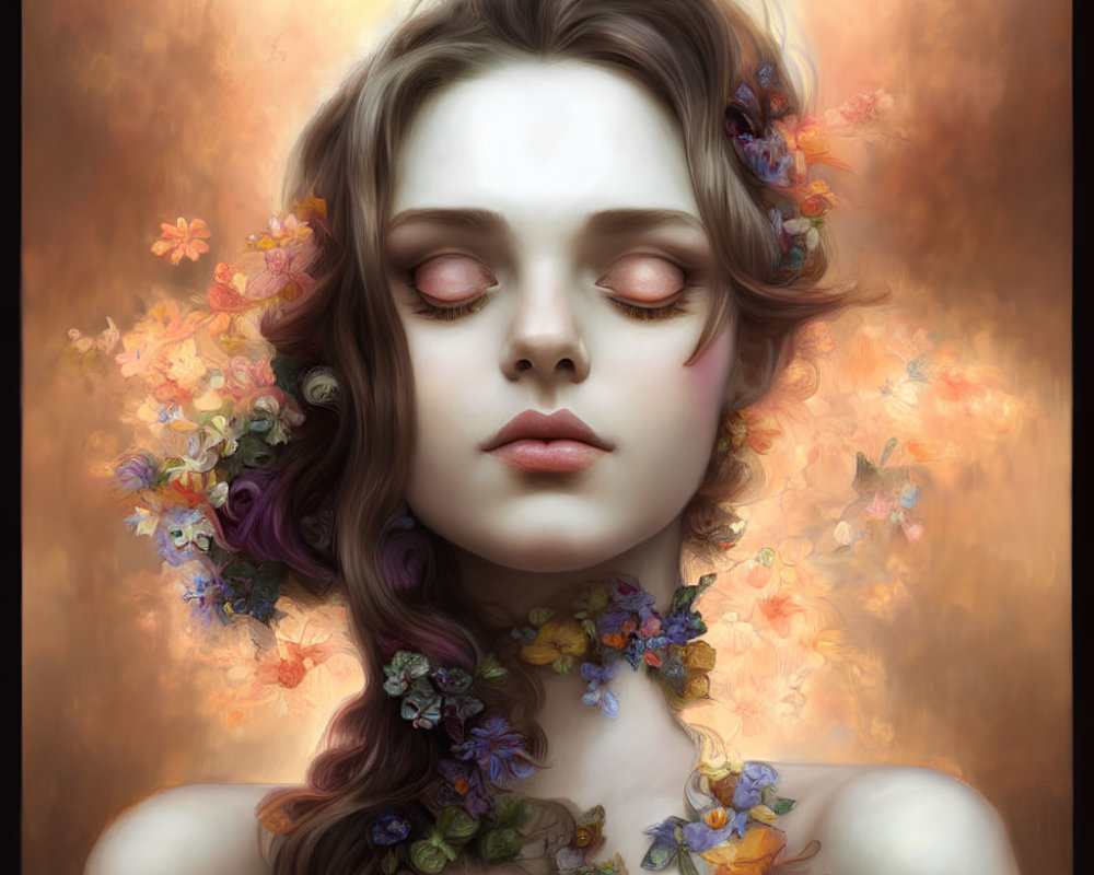 Digital portrait of woman with closed eyes, adorned with flowers, on warm backdrop