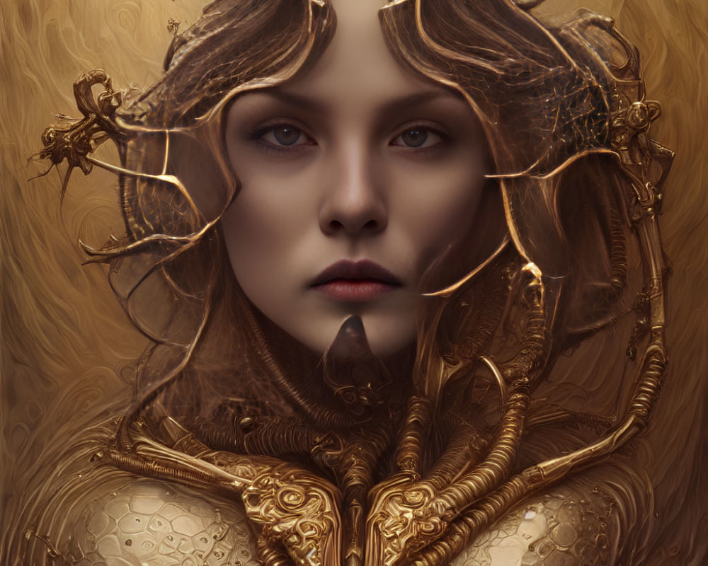 Ethereal woman in golden armor with glowing branch adornments