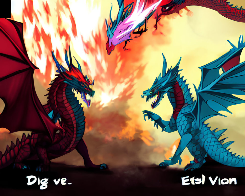 Colorful Dragons Breathing Fire with Names Above Heads