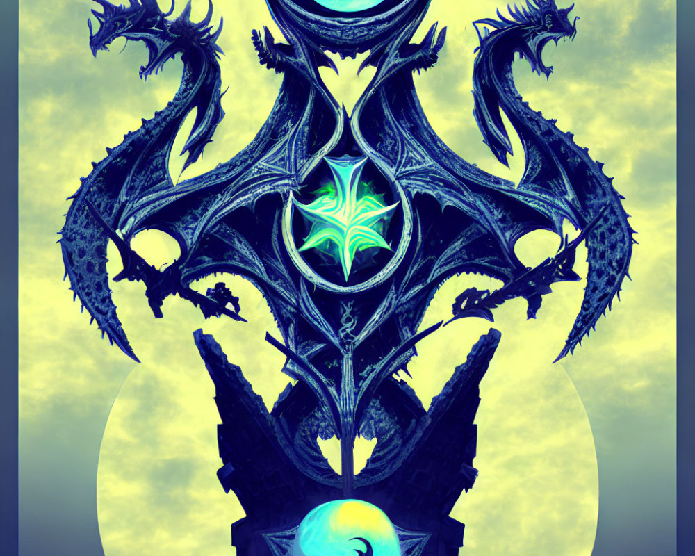 Symmetrical dragon artwork with glowing symbol on moonlit sky background