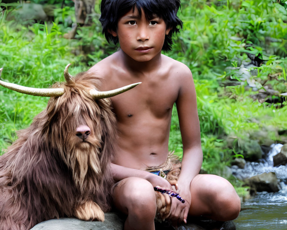 Dark-haired boy and long-haired goat by stream on rock