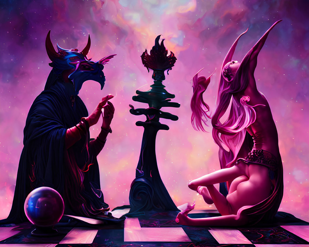 Fantastical dragon and elf-like creatures in cosmic board game scene