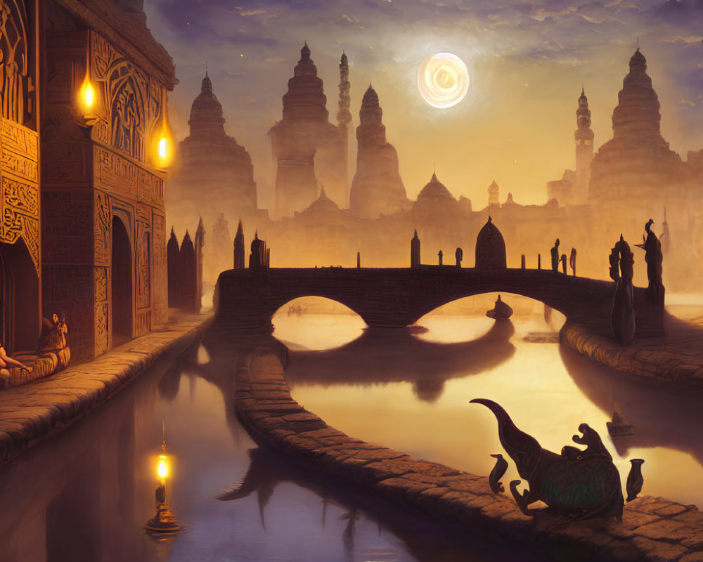 Ornate cityscape with canal, bridge, statues, celestial sky