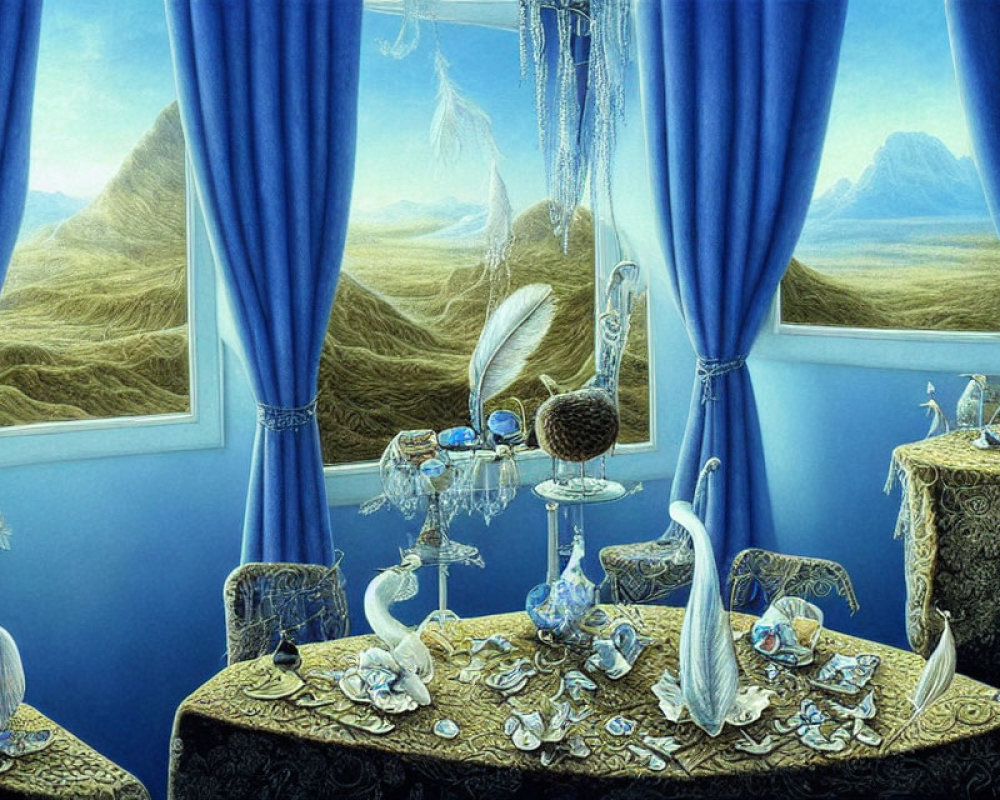 Surreal artwork: Room submerged underwater with sand dunes view