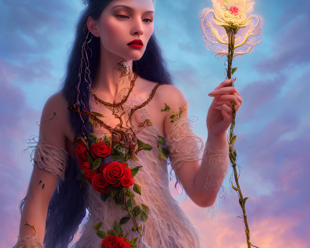 Fantasy-themed woman with illuminated flower staff in dusk sky.