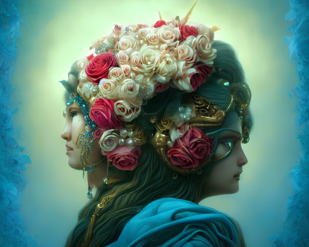 Stylized female faces with floral headdress and teal drapery on blue backdrop