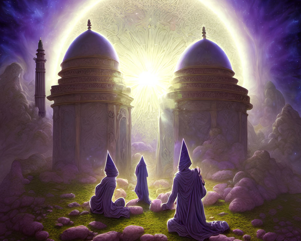 Three Robed Figures Before Glowing Portal in Mystical Landscape