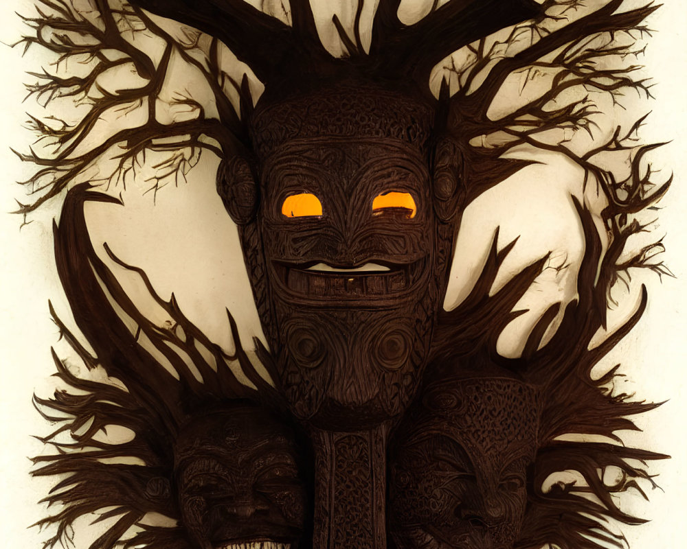 Detailed wood carving of a tree with face, roots, and glowing eyes.