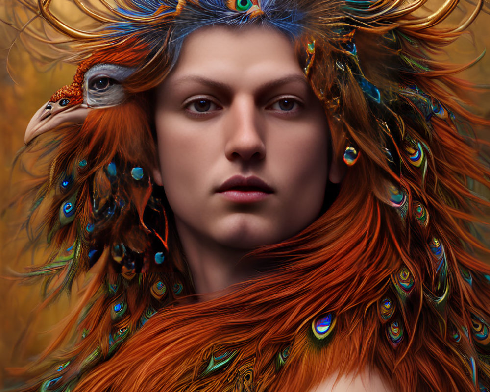 Person with Peacock Feathers in Hair, Fierce Gaze & Vibrant Display