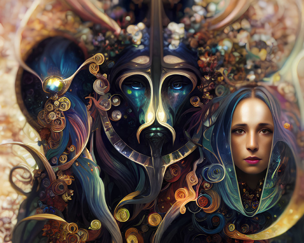 Surreal digital artwork: Woman's face merges with ornate mask amid golden swirls
