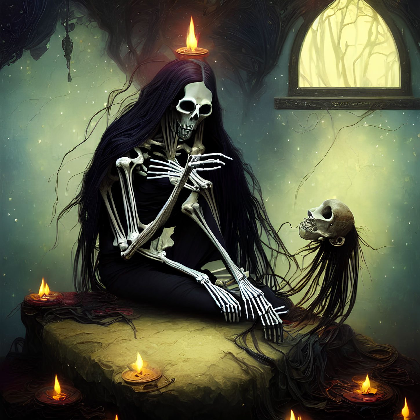 Skeletal figure with long hair holding skull in dim, eerie room