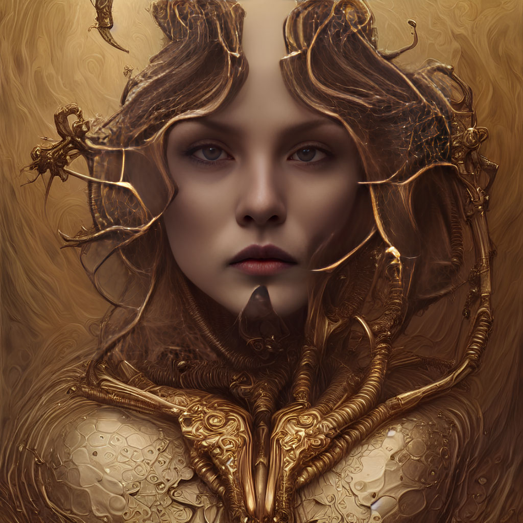 Ethereal woman in golden armor with glowing branch adornments