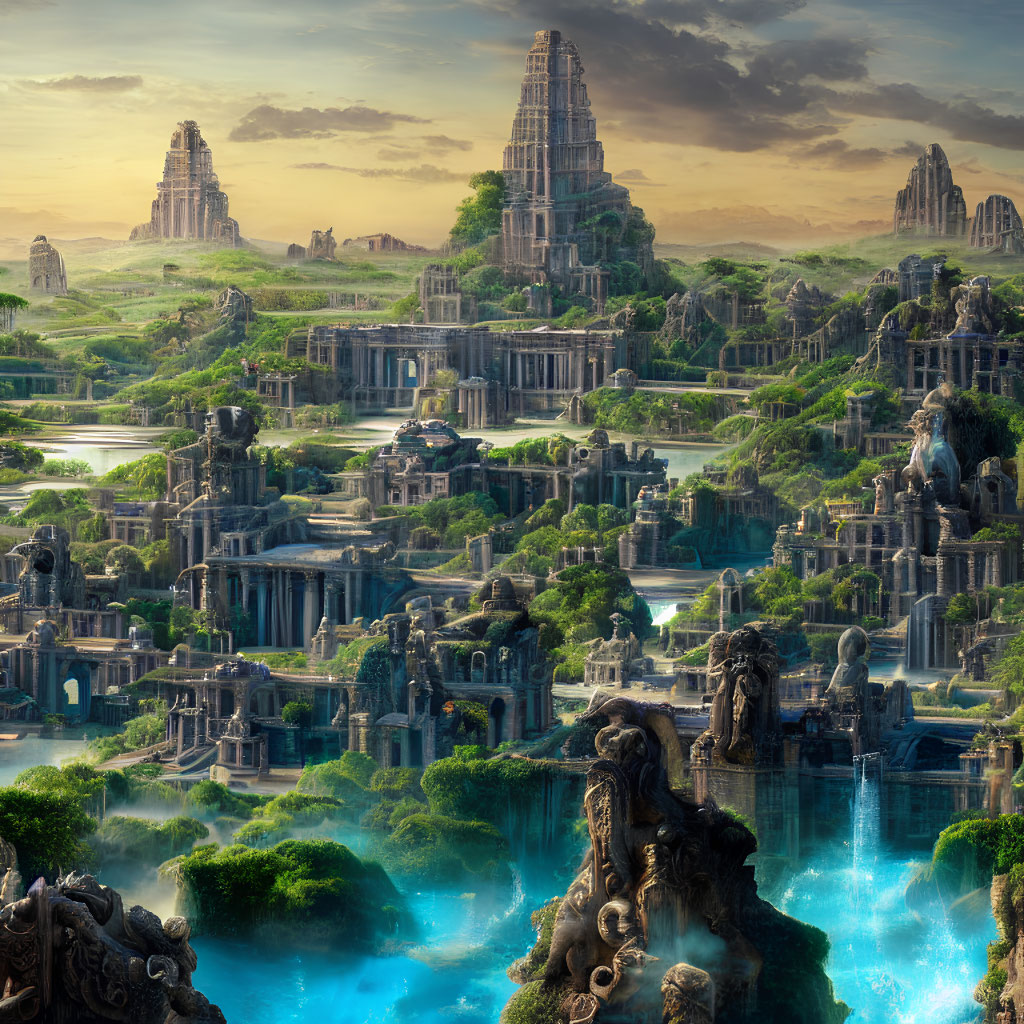 Majestic ancient temples in lush, mystical landscape