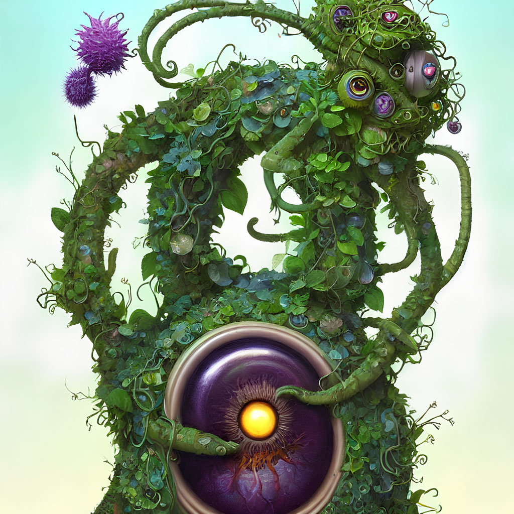 Whimsical creature with green vines and central eye on soft background