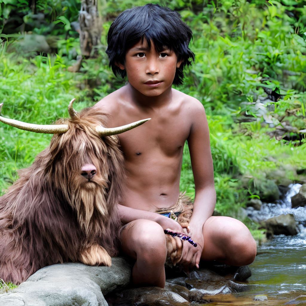 Dark-haired boy and long-haired goat by stream on rock