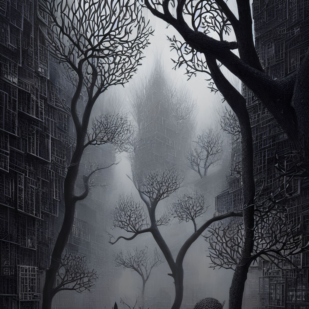 Foggy scene with silhouetted trees and dark buildings