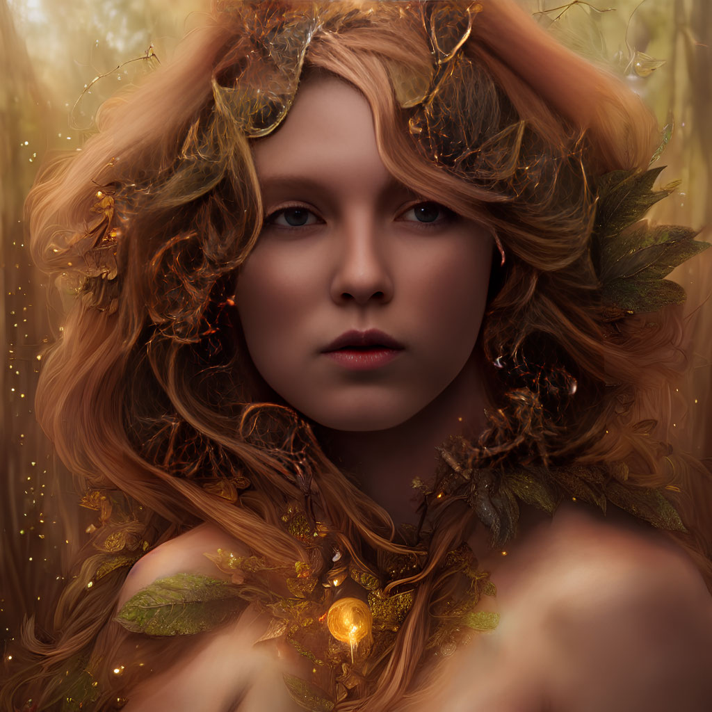 Portrait of Woman with Golden Hair and Leaves Exuding Autumnal Forest Spirit