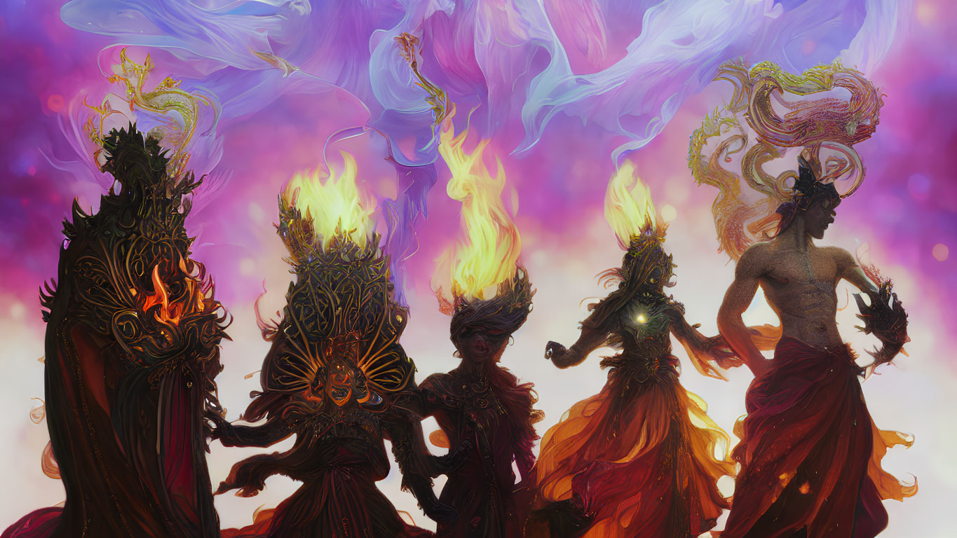 Colorful illustration: Five fire beings with ornate headpieces dancing in ethereal smoke