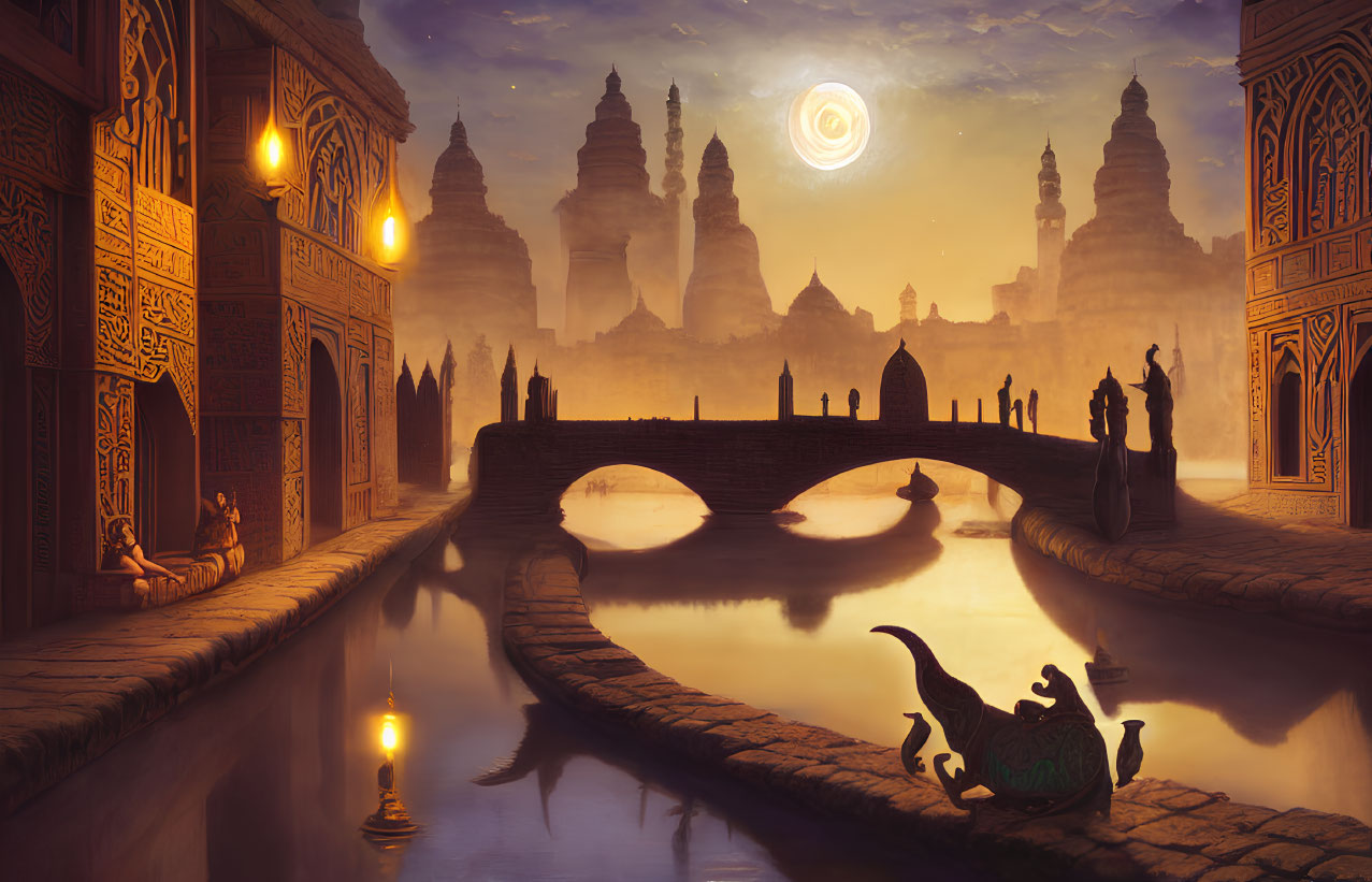 Ornate cityscape with canal, bridge, statues, celestial sky