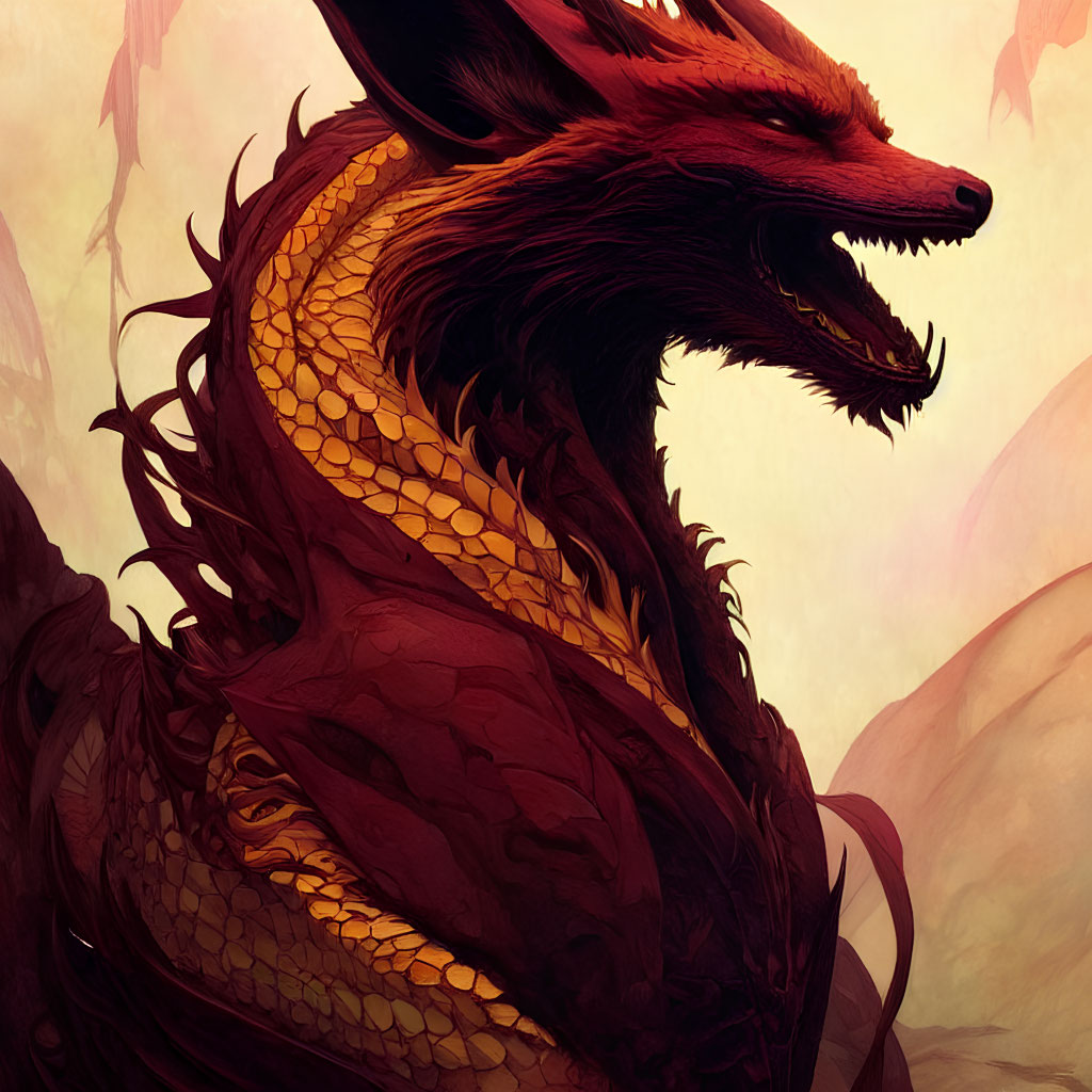 Fantasy dragon with red fox features in misty setting