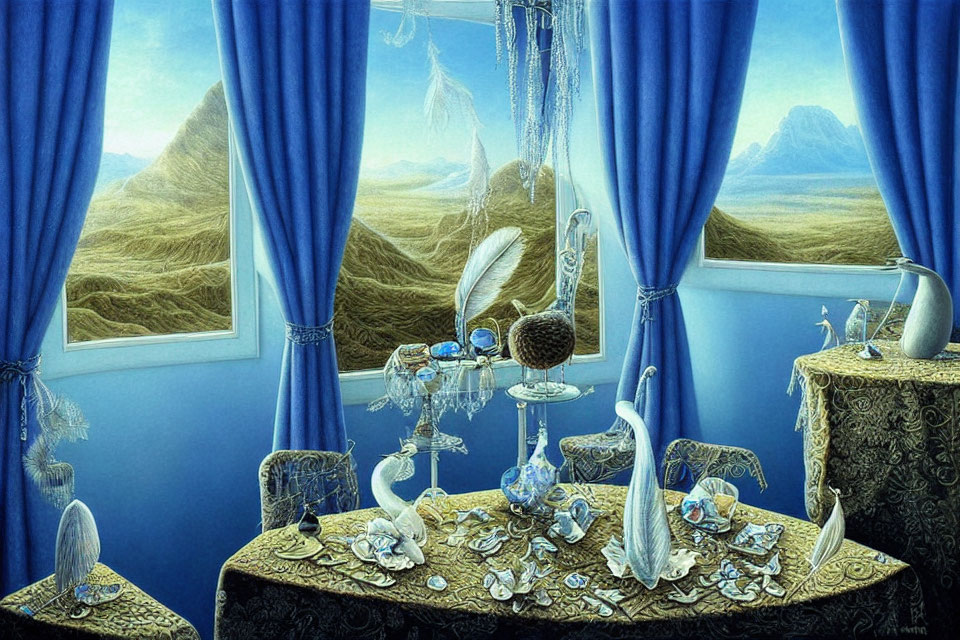 Surreal artwork: Room submerged underwater with sand dunes view